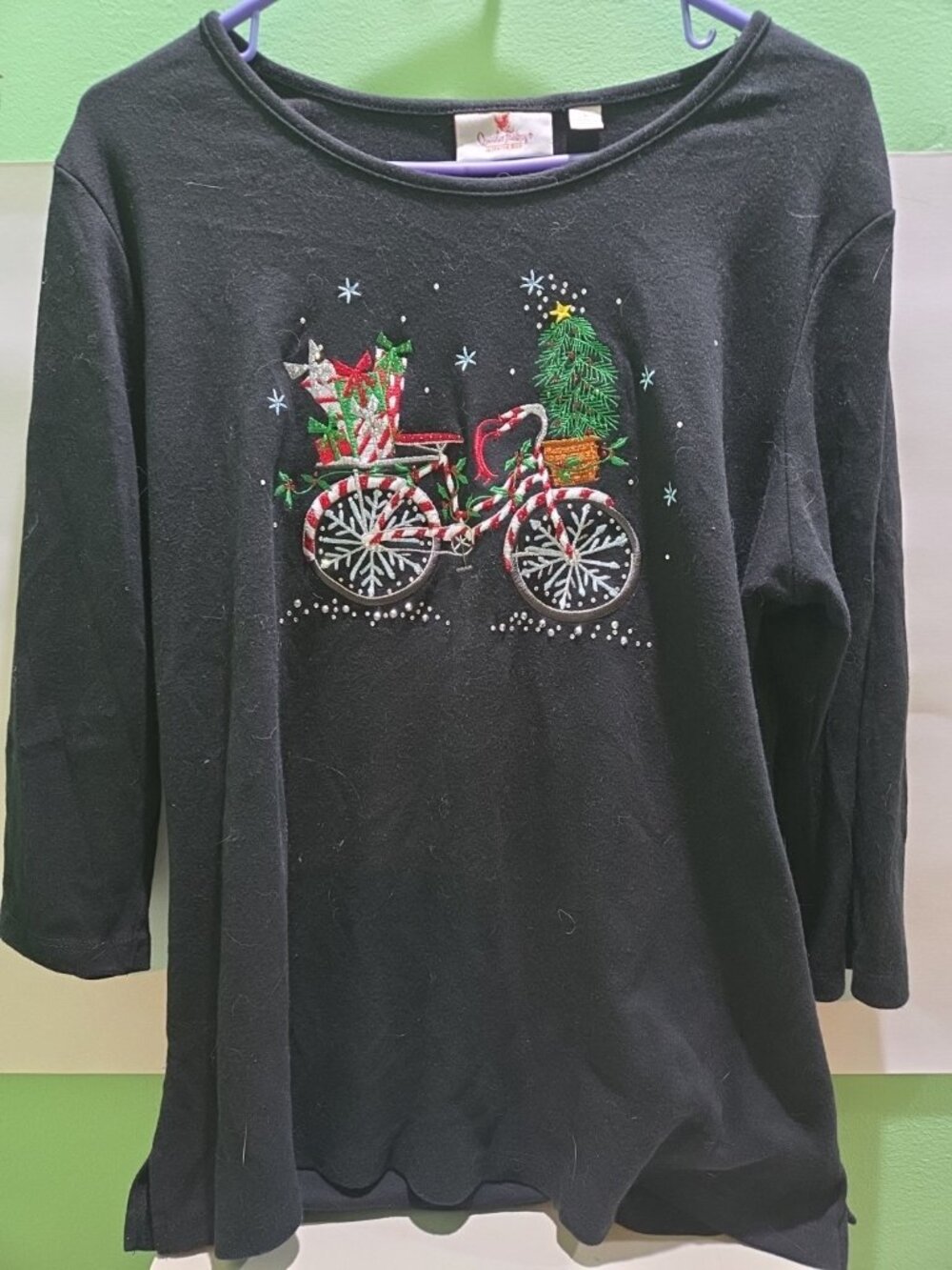 Quacker Factory Christmas Themed 3/4 Sleeve Black Top Shirt L Bicycle Candy Cane